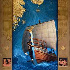 Ulysses Voyage by Bryan Leister |  inches 24 X 44 inches  | oil on wood with gold leaf