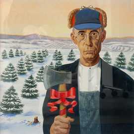An American Gothic Christmas by Bryan Leister | 11 inches  X 11 inches  | oil on board