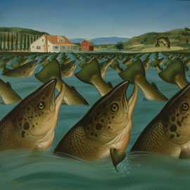 Fish Farming by Bryan Leister | 10 inches  X 16 inches  | oil on board