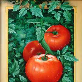 Tomatoes on a vine by Bryan Leister | 12 inches  X 16 inches  | oil on board