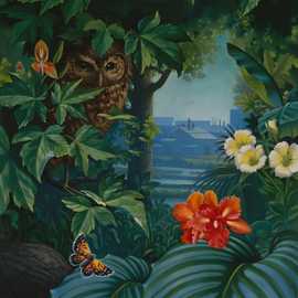 Jungle Owl by Bryan Leister | 10 inches  X 16 inches  | oil on board