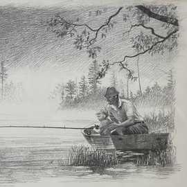 Fishing by Bryan Leister | 9 inches  X 8 inches  | graphite on paper